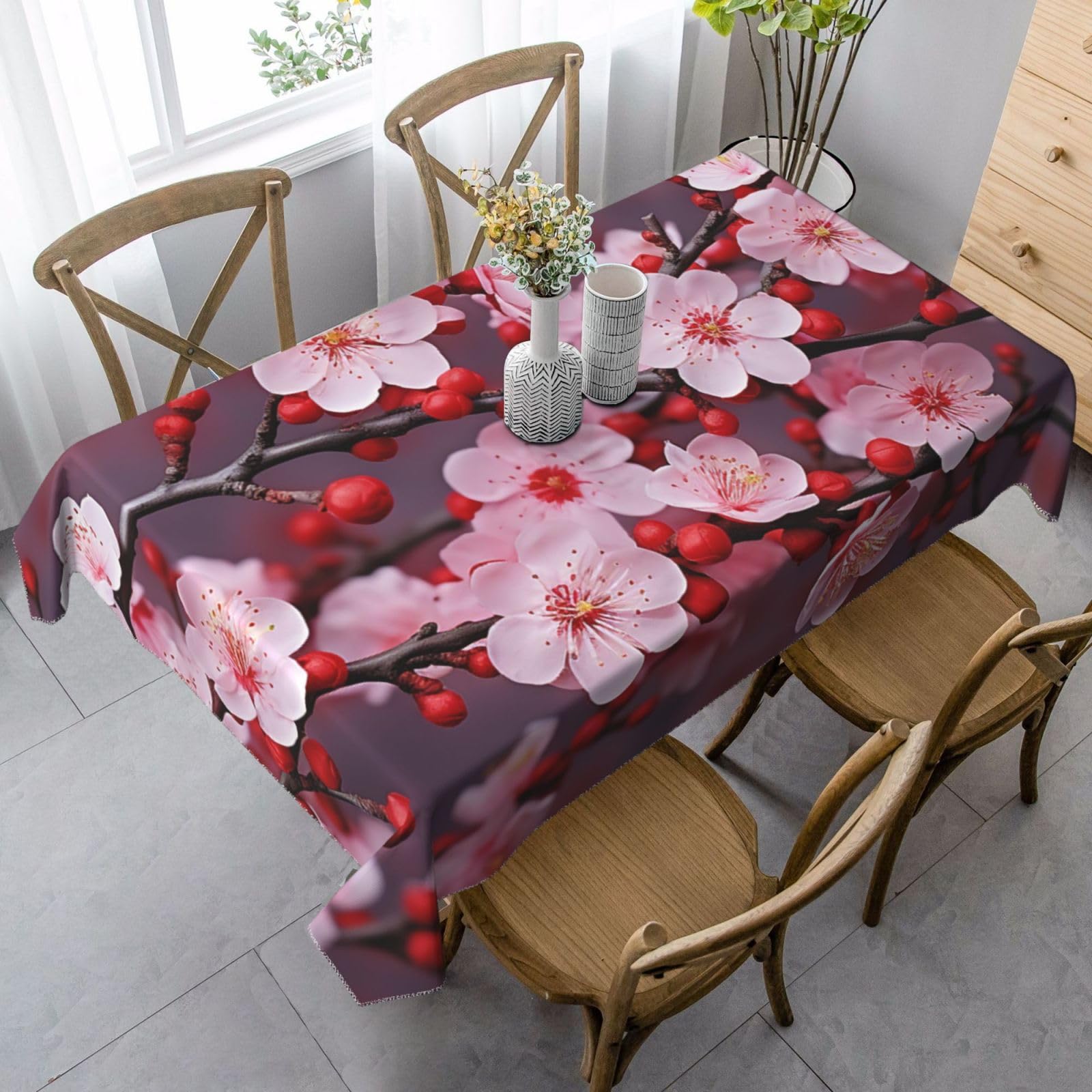 FodPand 35x55 Inch Tablecloth Stain and Wrinkle Resistant Table Cover Rectangular Washable Kitchen Table Cloth for Dinning Room Picnic Patio Party Decor, Pink Plum Blossom