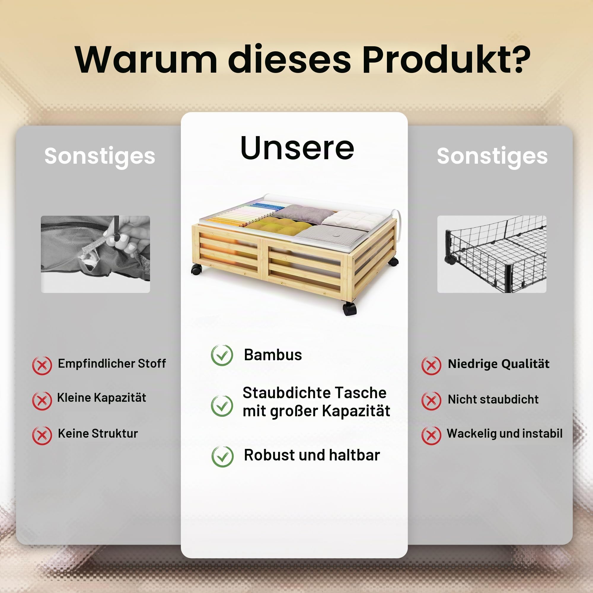 2 Packungen Nature Unterbett-Aufbewahrungsbehälter, Bambus-Unterbett-Organizer-Schubladen mit Rollen, großer Staubbeutel für Kleidung, Bücher, Bettwäsche und Spielzeug, platzsparend