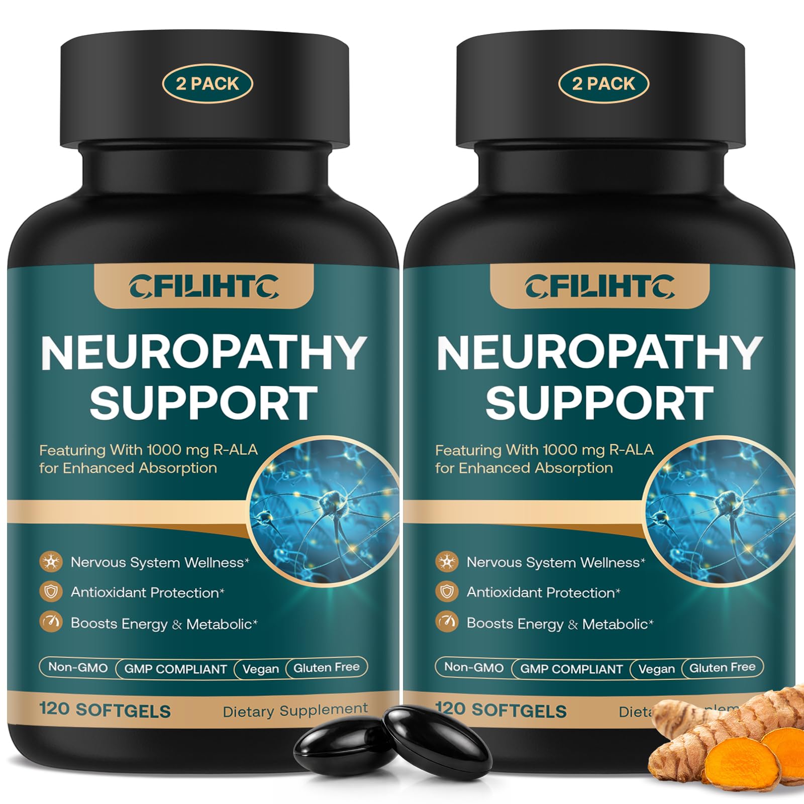 CFILIHTC Neuropathy Supplements Alpha Lipoic Acid with R-Alpha Lipoic Acid, Benfotiamine, NAC & B-Complex for Nerve Health, Antioxidant & Cellular Energy - Vegan 120 Softgels 2 Pack Unflavored 120 Count (Pack of 2)