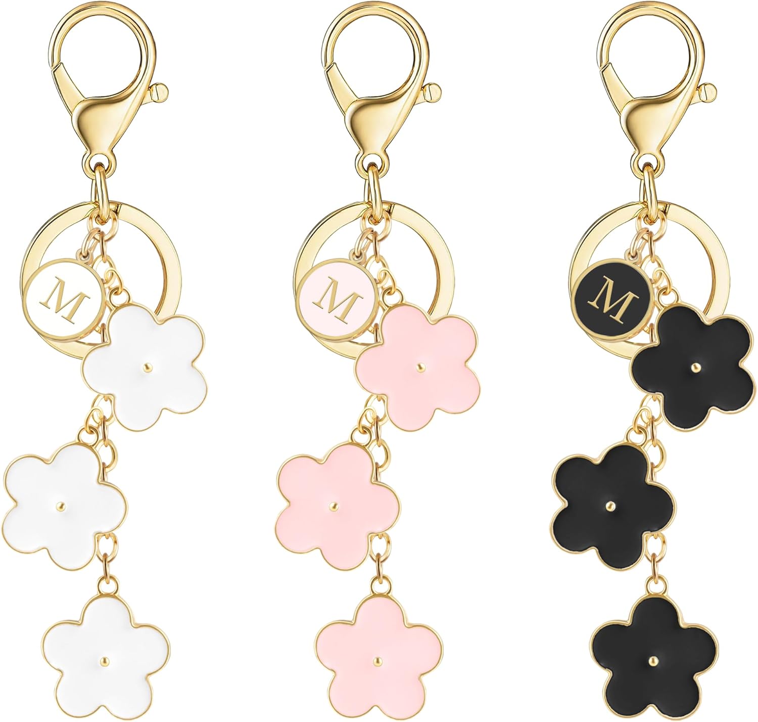 XGALBLA Women's Initial Keychain White/Pink/Black Flower Charms for Key Cute Letter Keyring for Handbag Backpack Accessories - Image 6