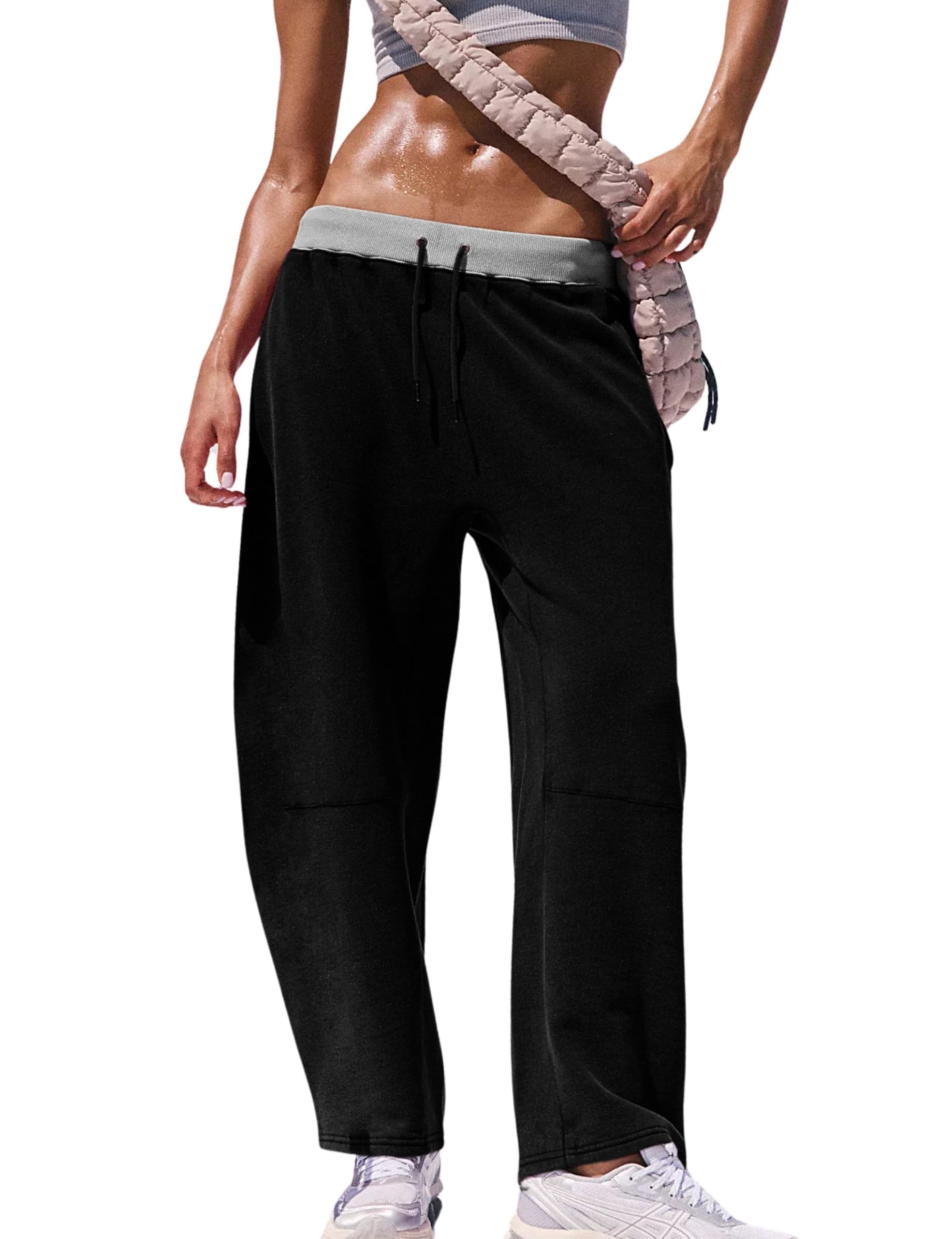Athlisan Womens Barrel Sweatpants Wide Leg Color Block Workout Track Pants Trousers Black-M