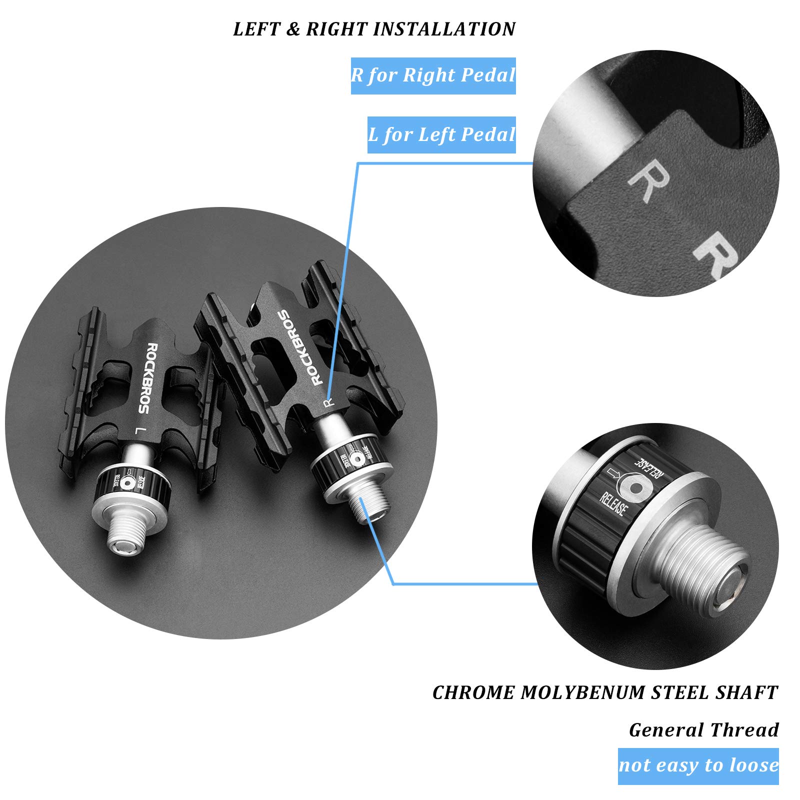 ROCKBROS Bike Pedals - Quick Release, CNC Aluminum, Sealed Bearings, Non-Slip Surface