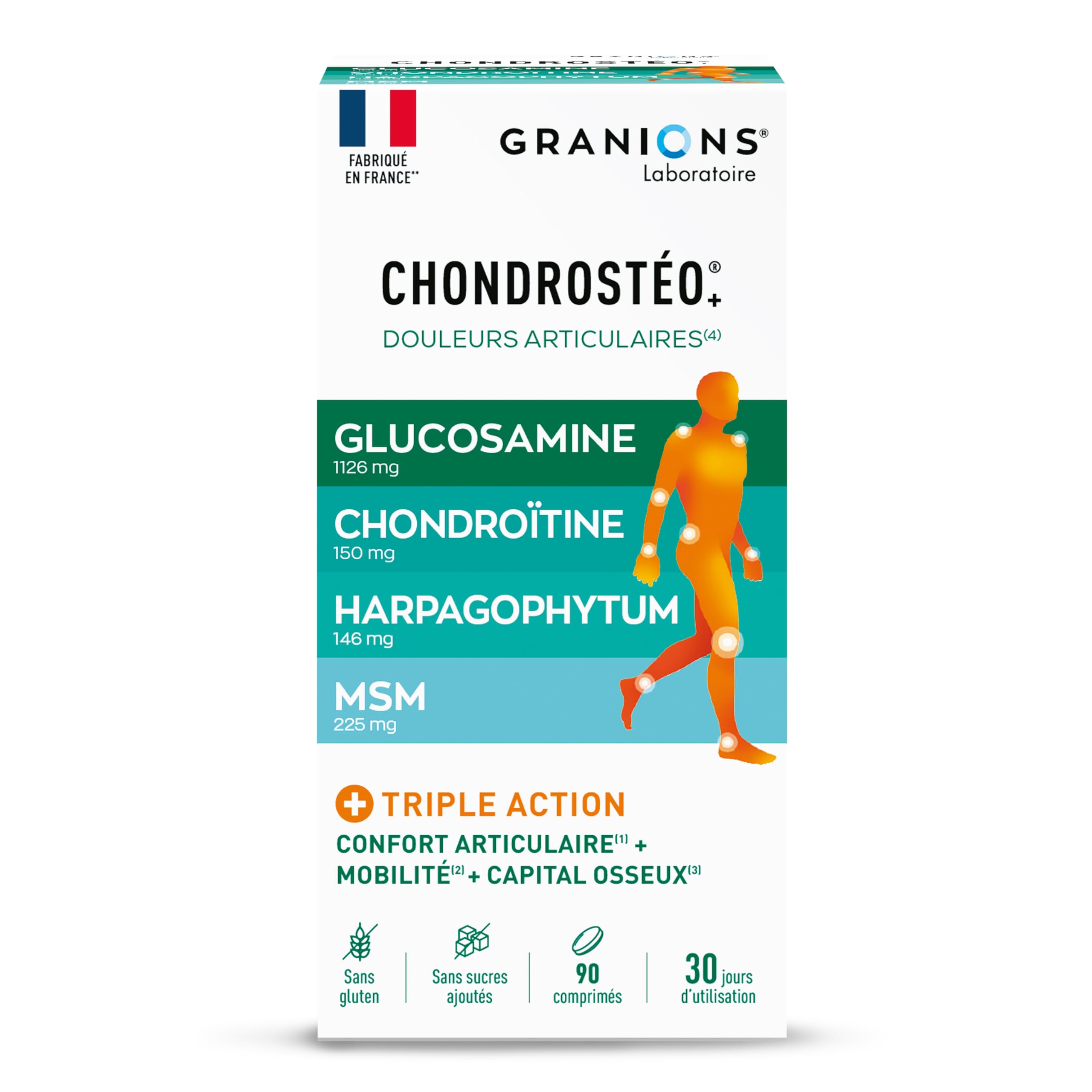 GRANIONS - Chondrosteo + Articulations - Harpagophytum - Glucosamine Chondroïtine - MSM - Bambou - 90 unités - 1 Mois