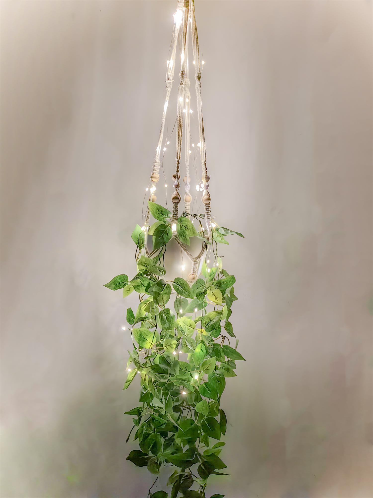 Comtelek Hanging Planter with Lights Indoor Macrame Plant Hanger Basket with Wood Beads Flower Pot Holder No Tassels for Boho Home Window Decor 35 Inch, Ivory (POTS NOT Included)