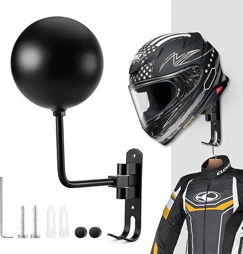Soporte para Casco de Motocicleta, Estante para Casco Montaje en Pared Rotación de 180 Grados Colgador de Casco con Doble Gancho para Abrigos,