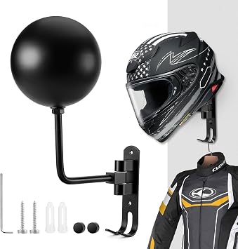 PAHTTO Motorcycle Helmet Holder, Helmet Rack Wall Mount 180 Degree Rotation Helmet Hanger with Double Hook for Coats, Caps, Hats, Motorcycle Accessories