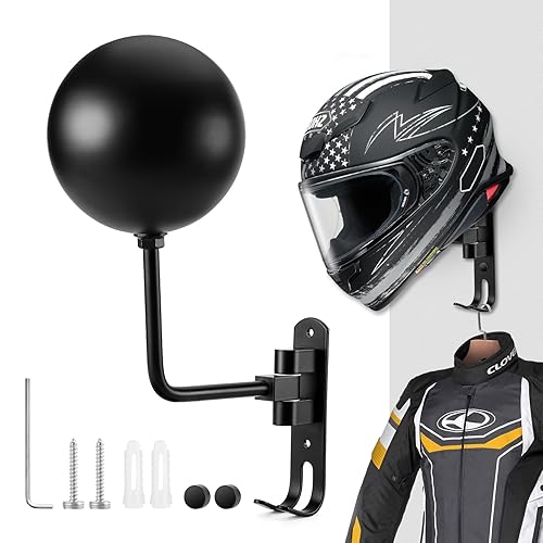 PAHTTO Motorcycle Helmet Holder, Helmet Rack Wall Mount 180 Degree Rotation Helmet Hanger with Double Hook for Coats, Caps, Hats, Motorcycle Accessories