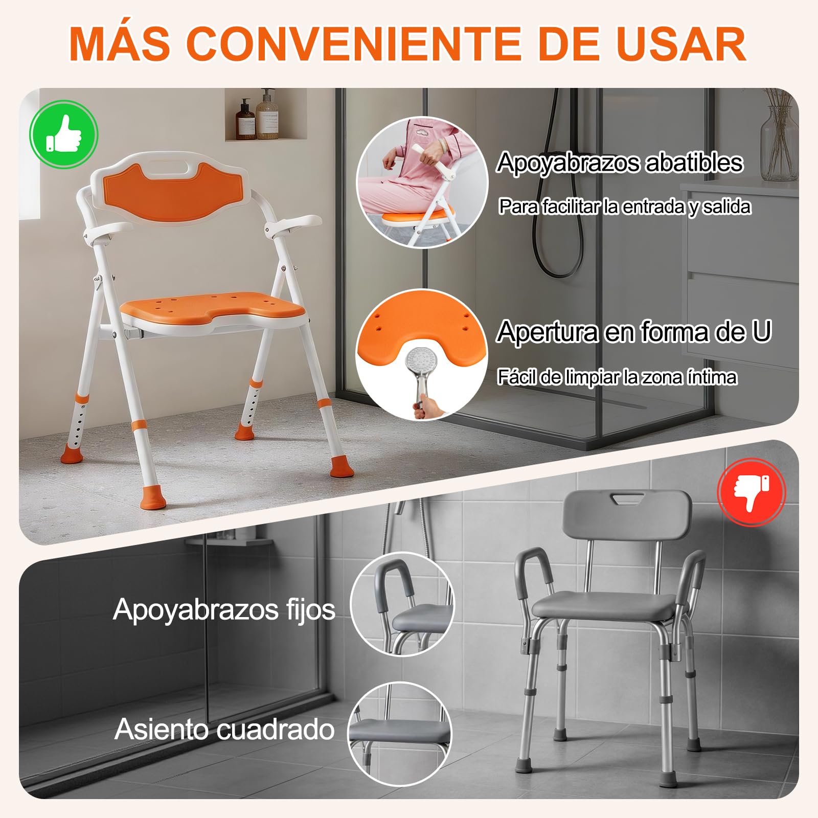 Plegable Silla Ducha Personas Mayores con Reposabrazos y Respaldo abatibles, Silla para Ducha Altura Ajustable con Soporte para Cabezal de Ducha, Capacidad de Carga 120 Kg