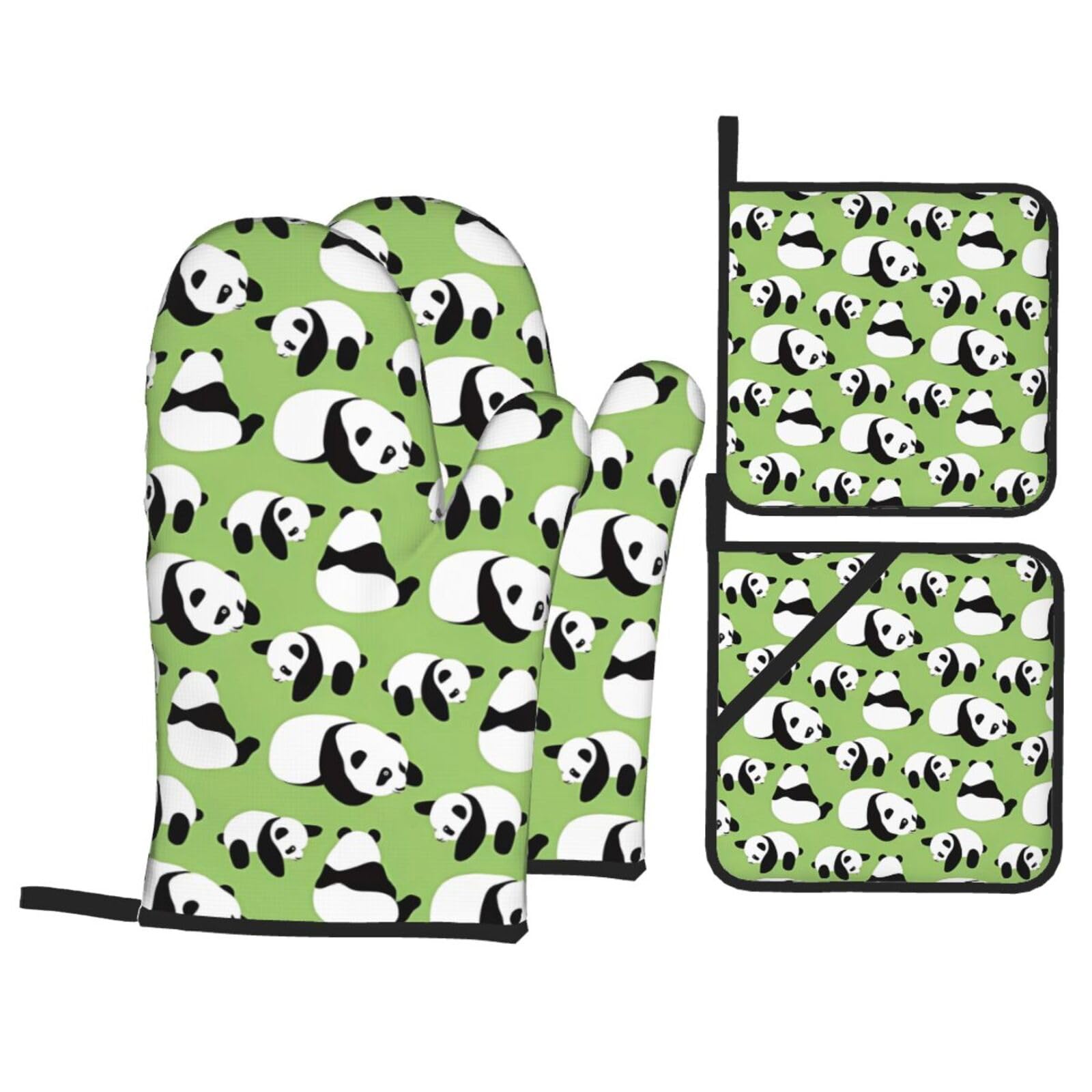 WHJSHOP Green background panda Prints Kitchen Baking Throw Set with Heat Resistance, Waterproof Oven Mitts & Pot Holders for Cooking, Grilling & Handling Hot Dishes