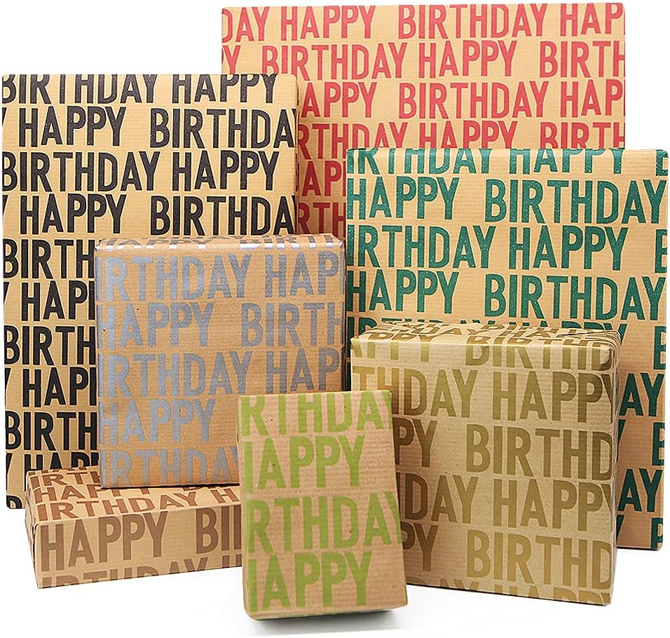 Happy Birthday Wrapping Paper for Men Boys Women Kids Girls,Gift Wrapping Paper (7 Sheets,50 x 70 cm per sheet,27 Sq.ft. ttl.,) W/ 10 Gift Tags Jute Twine Tape Stickers