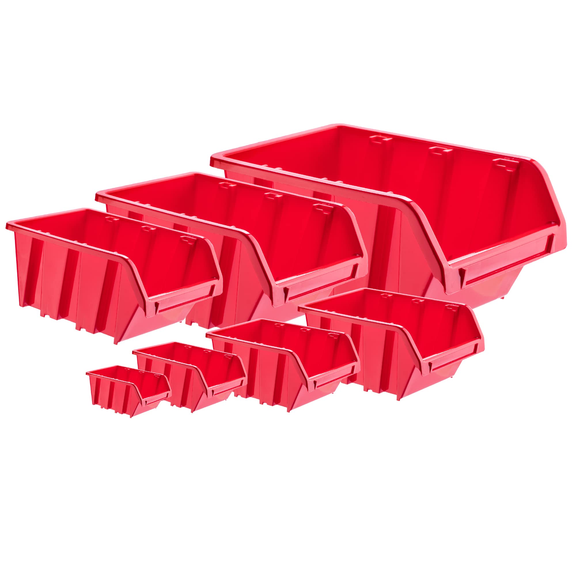 KADAX Boîtes de Rangement Murales, Boîtes Empilables en Plastique pour Organiser Vos Outils, Bacs à Bec pour Garage (Lot de 10 : Rouge, 490 x 298 mm)