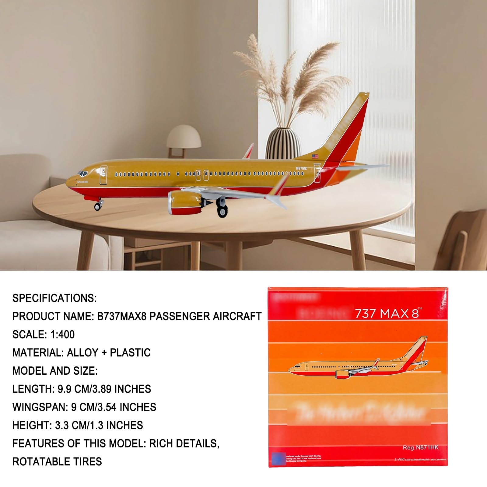 Replica N872CB preassemblata in metallo pressofuso del modello B737 MAX8 in scala 1:400 collezione for esposizione scrivania scaffale, regalo perfetto appassionati aviazione militari adulti