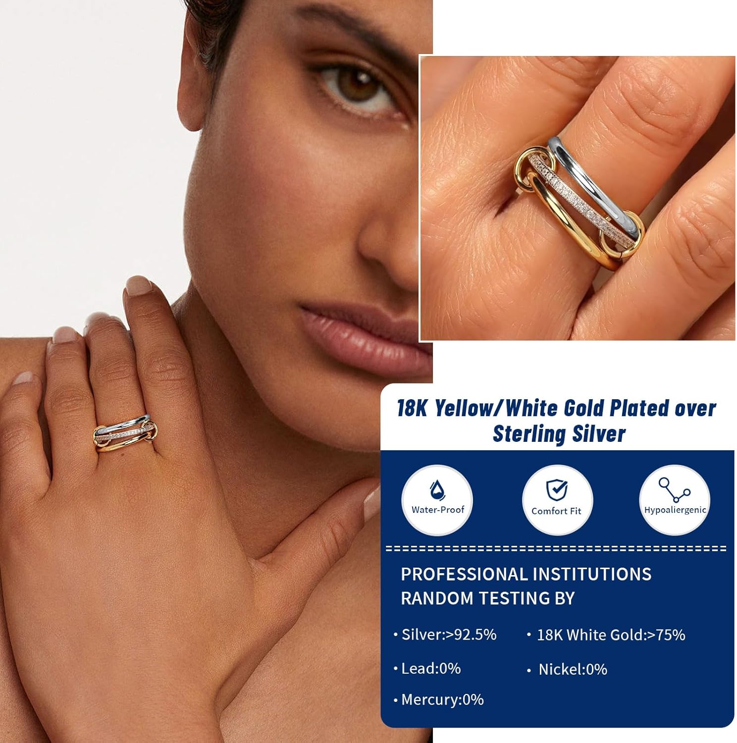 RINEY&KY 18K Gold Plated Moissanite Stackable Rings for Women, Two Tone Interlocking 3 Ring Set S925 Silver Stacking Ring Non Tarnish Dainty Everyday Statement Lab Diamond Eternity Wedding Band Certified Moissanite Gemstone Size 5-10US