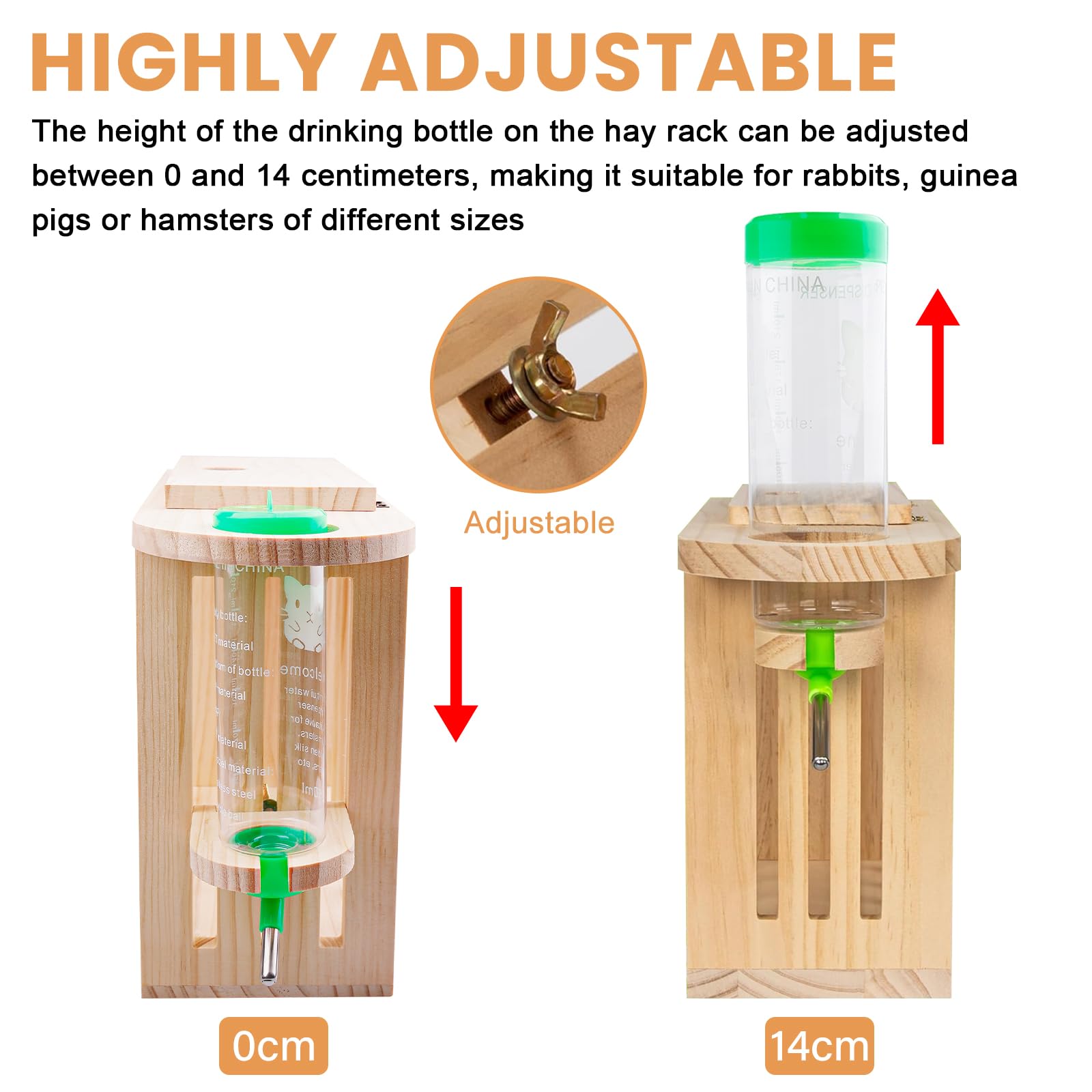 Heuraufe Kaninchen Mit Höhenverstellbarer Trinkflasche, Futterspender Heu Kaninchen, Meerschweinchen Heuraufe, Naturholz, Für Kaninchens Hamster Chinchillas Meerschweinchen