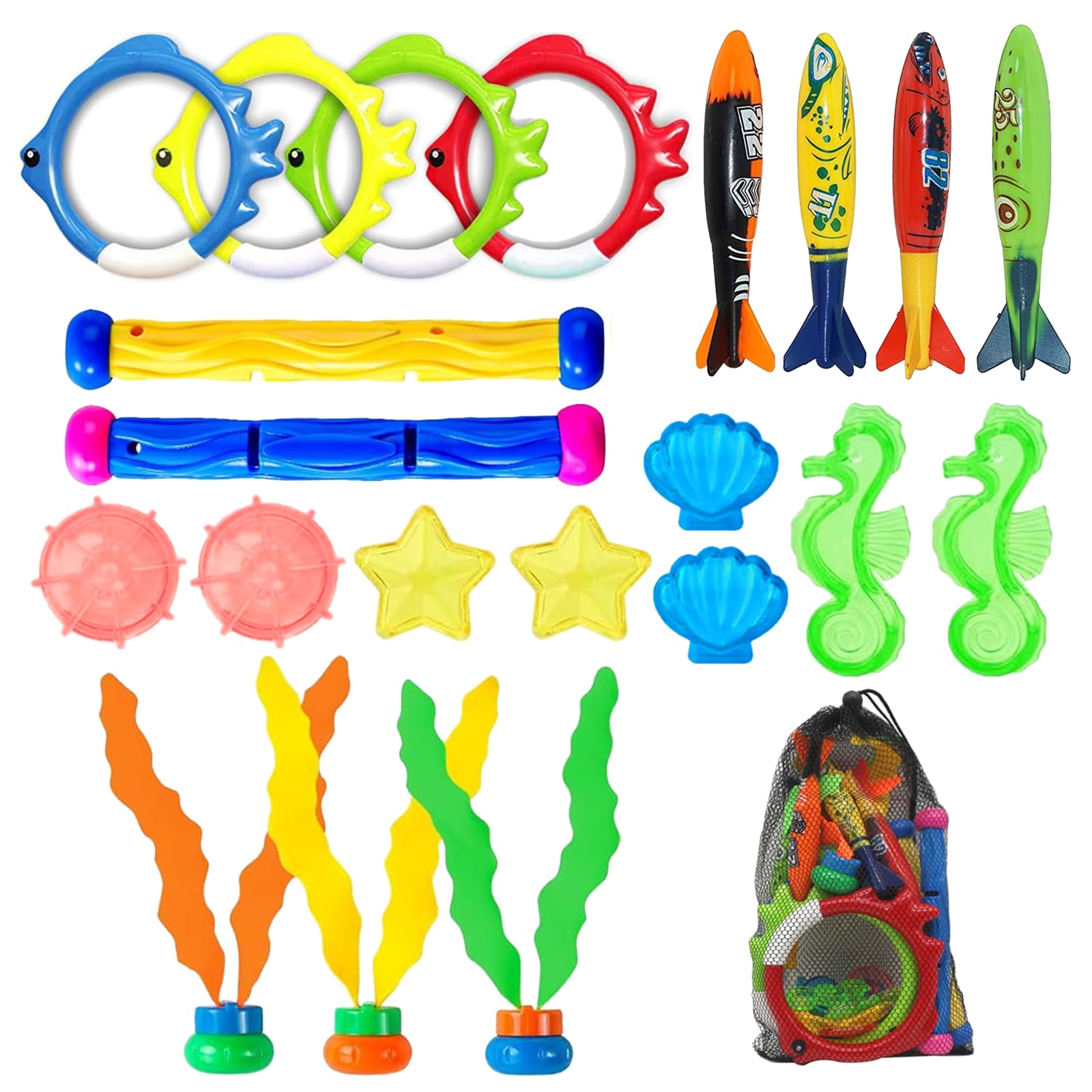 IOPJLK Juguete de Buceo para Niños, 22 Piezas Juegos Piscina Niños de 4 a 12 Años, Juguetes de Entrenamiento para Piscina Que Incluye Torpedos, Gemas de Buceo, Anillos de Buceo, Algas Marinas