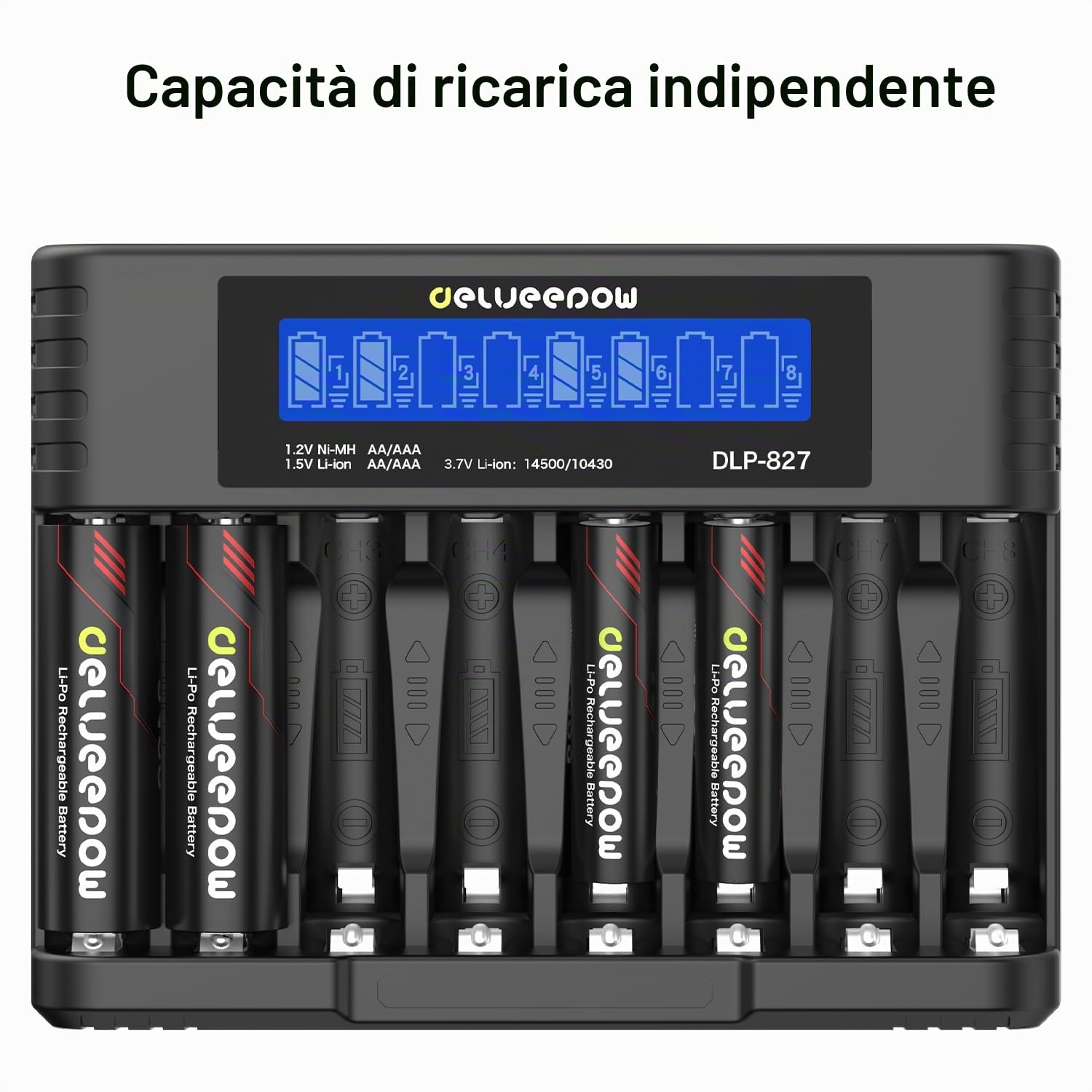 8 Pezzi Batterie AA Litio Ricaricabili con Caricabatterie, 3400mWh 1.5V Pile AA Litio Ricaricabili, LCD Display 8 Slot, 2ore Carica Rapida USB