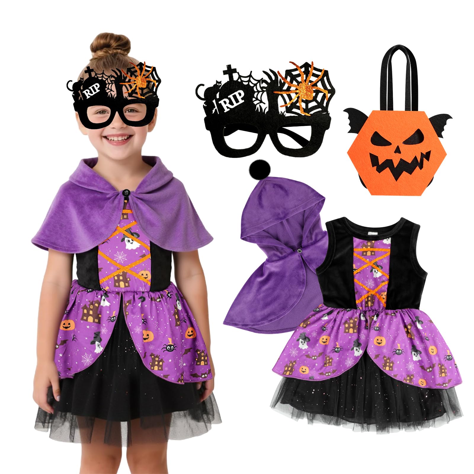 TAGVO Costume da Strega Halloween per Bambina, Ragazze Principessa Vestito Strega Viola Poncho Cappuccio Capo Paillettes Tulle Abiti serbatoio per bambini Halloween fantasia vestire per 1-6 anni