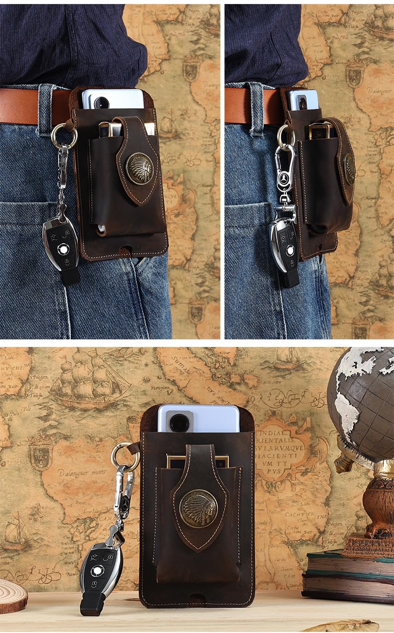Męskie etui na telefon z prawdziwej skóry uniwersalne etui z klipsem na pasek do iPhone'a Samsung Vintage torba (kawa)