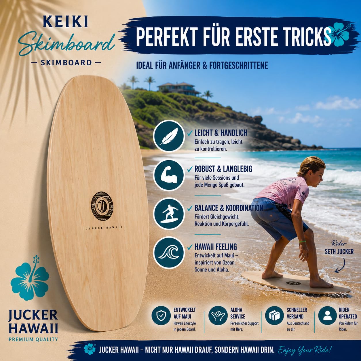 JUCKER HAWAII Skimboard KEIKI 90 cm | 5-lagiges Holz, Für Kinder & Erwachsene (25–90 kg), Anfänger & Fortgeschrittene, Für Meer, See & Fluss