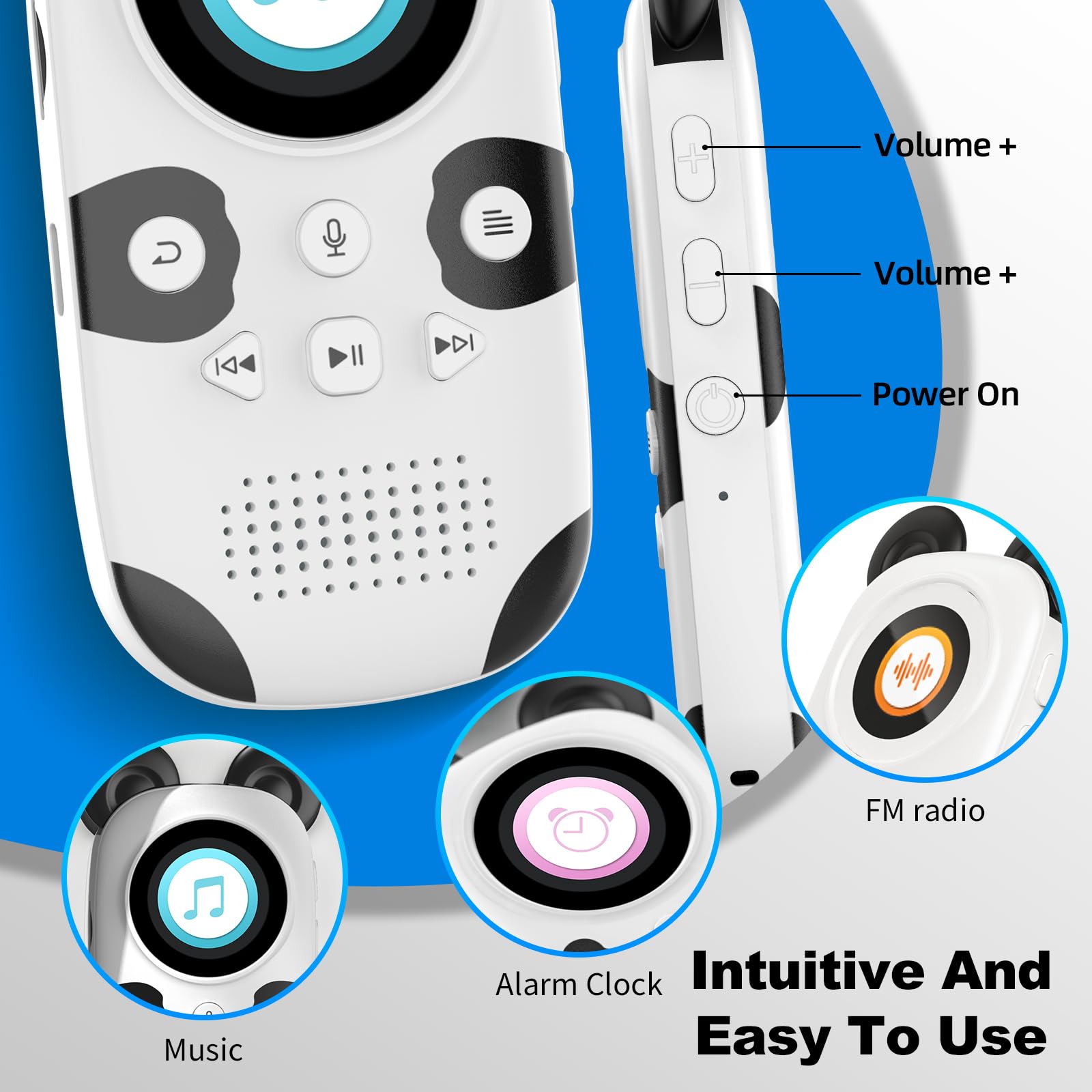 RUIZU 64 GB dziecięcy odtwarzacz MP3 z Bluetooth 5.3, głośnik i słuchawki, łatwa obsługa, bez smartfona, radia FM, nagrywanie głosu, budzik