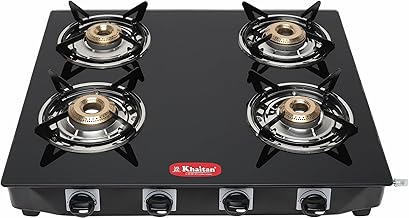 Khaitan Tempered Glass 4 Burner Premium Black Toughened Lpg Gas Cooktop, Manual Ignition Stove With 1 Year Warranty (Isi Approved, Burner)