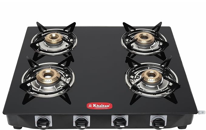 Khaitan Tempered Glass 4 Burner Premium Black Toughened Lpg Gas Cooktop, Manual Ignition Stove With 1 Year Warranty (Isi Approved, Burner)