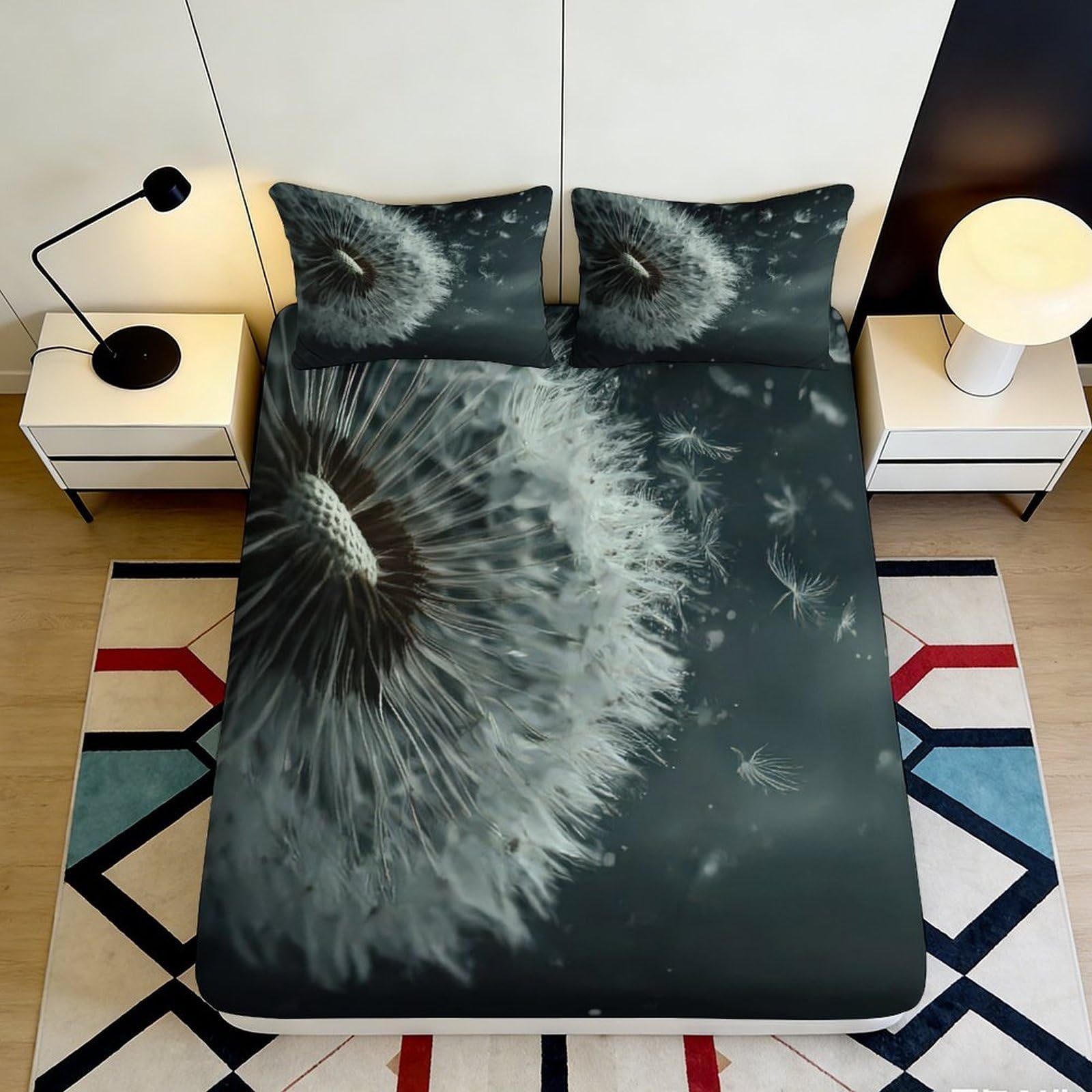 3D Printed Dandelion Night Fitted Sheet Microfiber Soft Dark Botanical Bed Cover for Bedroom Guest Room Decor 90x200x25cm