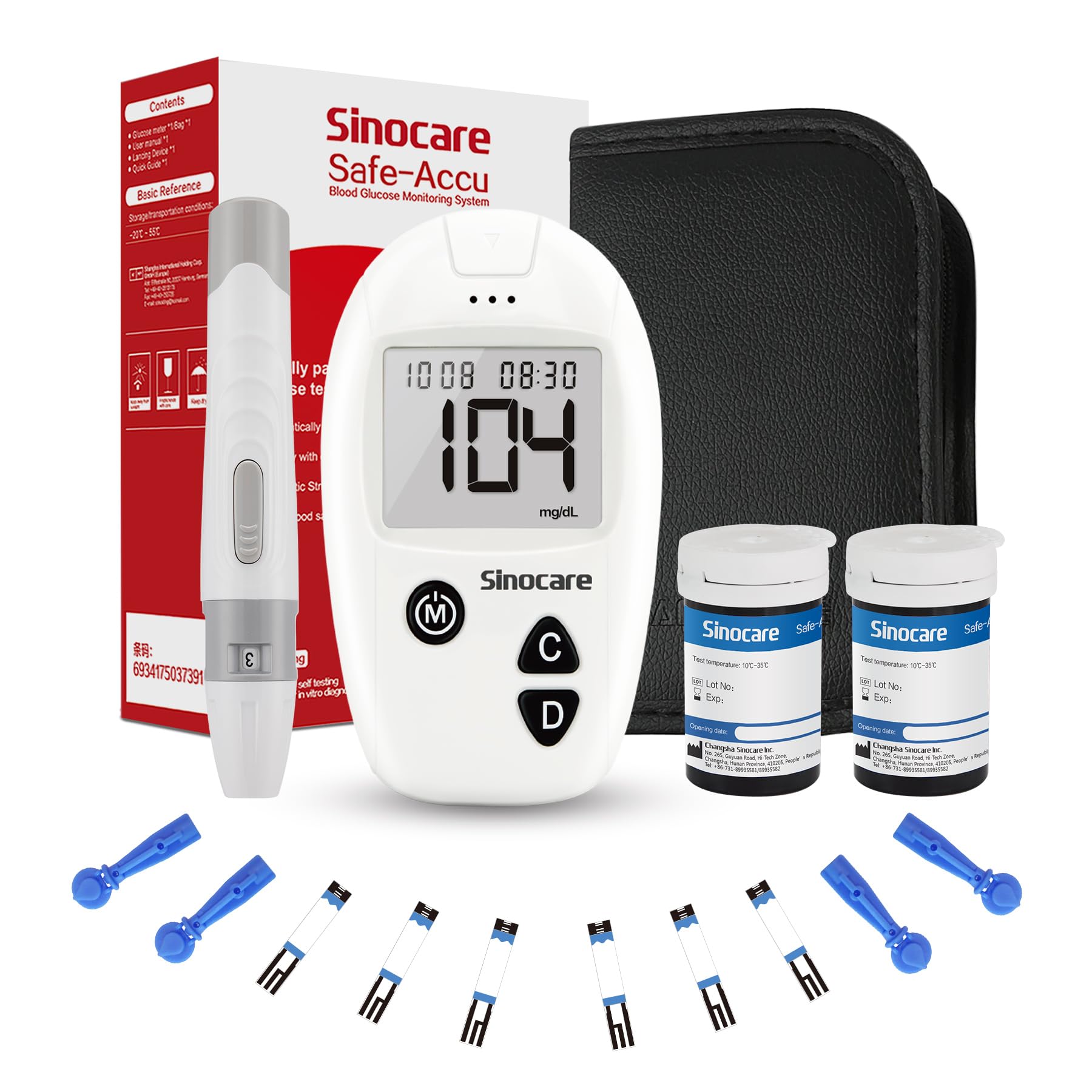 Sinocare Glucometro Misuratore Glicemia nel Sangue, Kit Test Rapido di Zucchero nel Sangue con 50 Strisce Glicemia Reattive per Glucosio - mg/dL (Safe Accu)