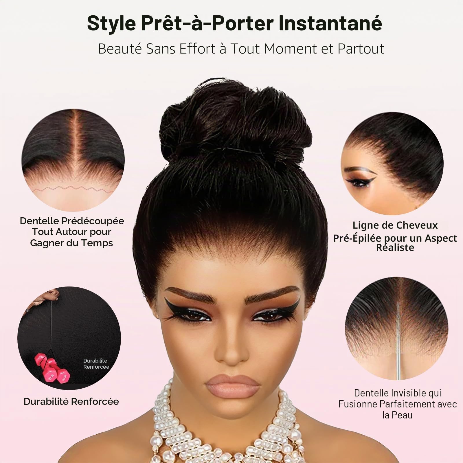 16 pouces Hidden Straps Perruque Cheveux Humain 360 Full Lace Front Human Hair Wig With Drawstring，Invisible Strap 200% Densité Straight Perruque Femme Naturelle Black With Baby Hair (41cm)