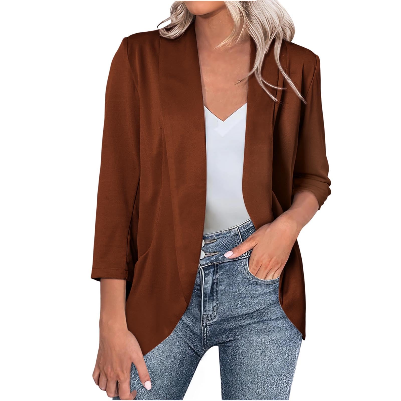 HGps8w 3 4 Sleeve Blazer for Womens Open Front Trendy Loose Business Office Suit Jackets Formal Casual Elegant