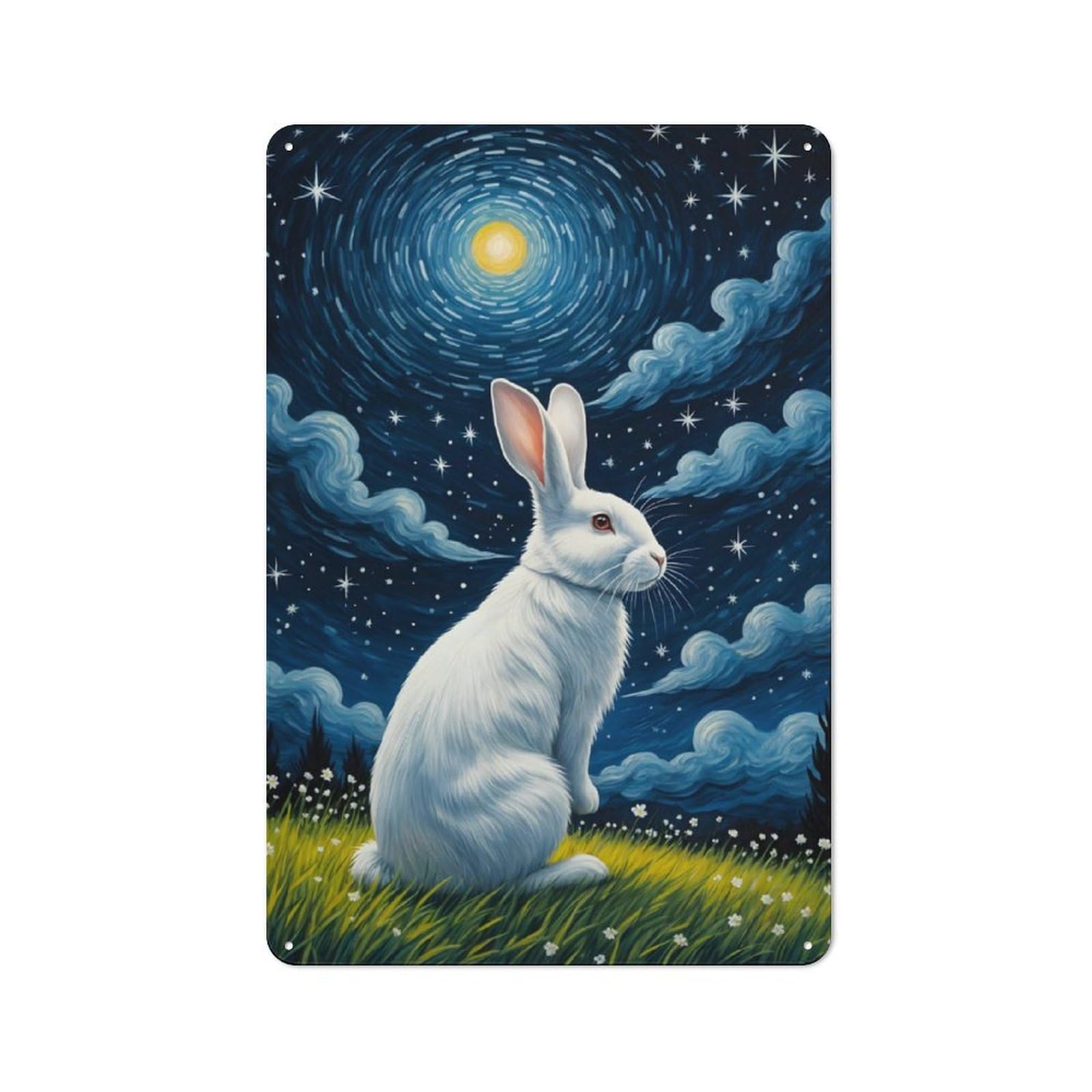 Junmoney White Rabbit Starry Sky Shed Style Decorative Metal Plaque 30X20cm Featuring Porch Wall Decor For Patio Bar, Workshop, Shed Or Kitchen