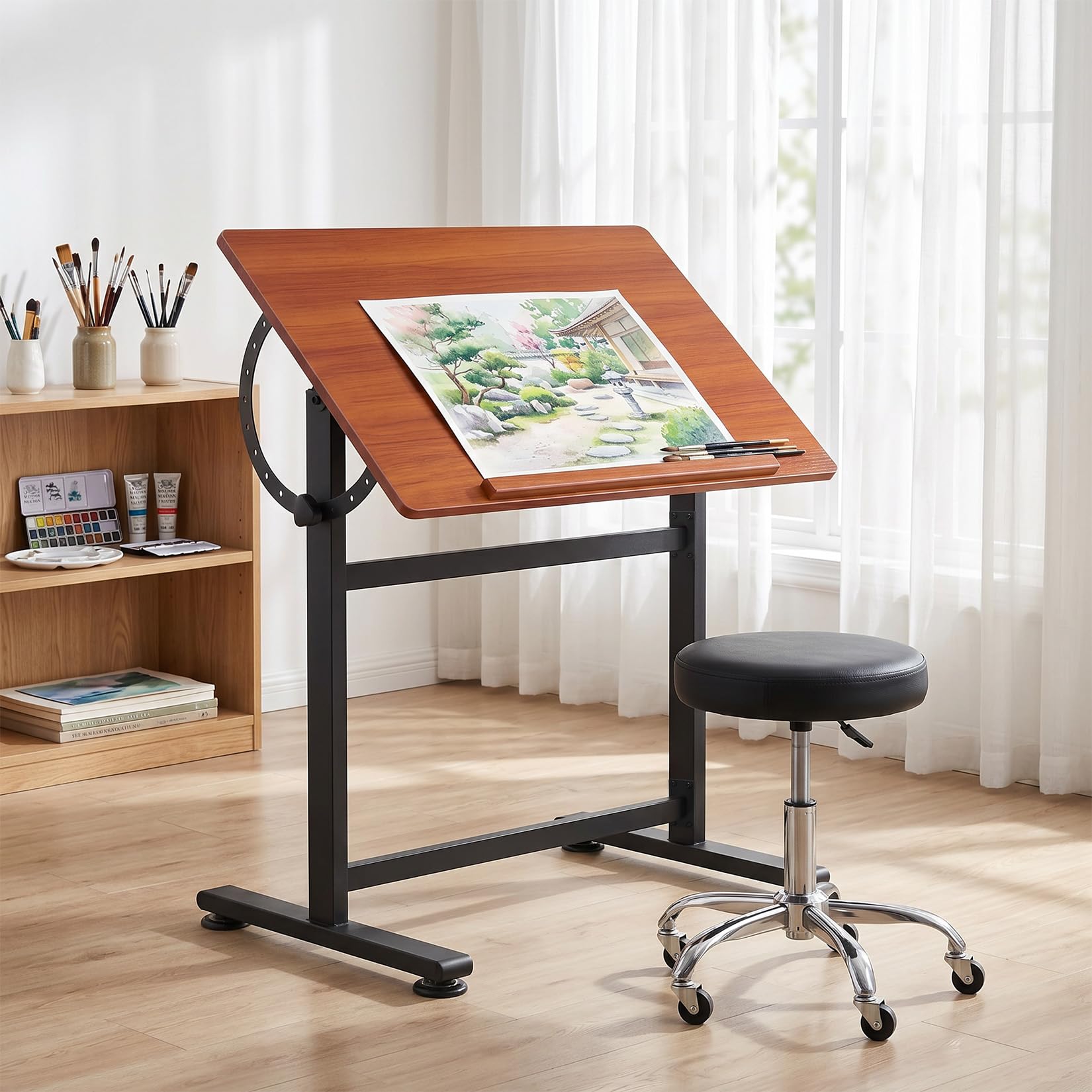 Table à Dessin Inclinable 0°-90° avec Acier Bois, Bureau à Dessin Inclinable avec Finition Noyer, Grand Plateau Antidérapant, Convient pour un Bureau à Domicile, un Studio ou un Usage Professionnel