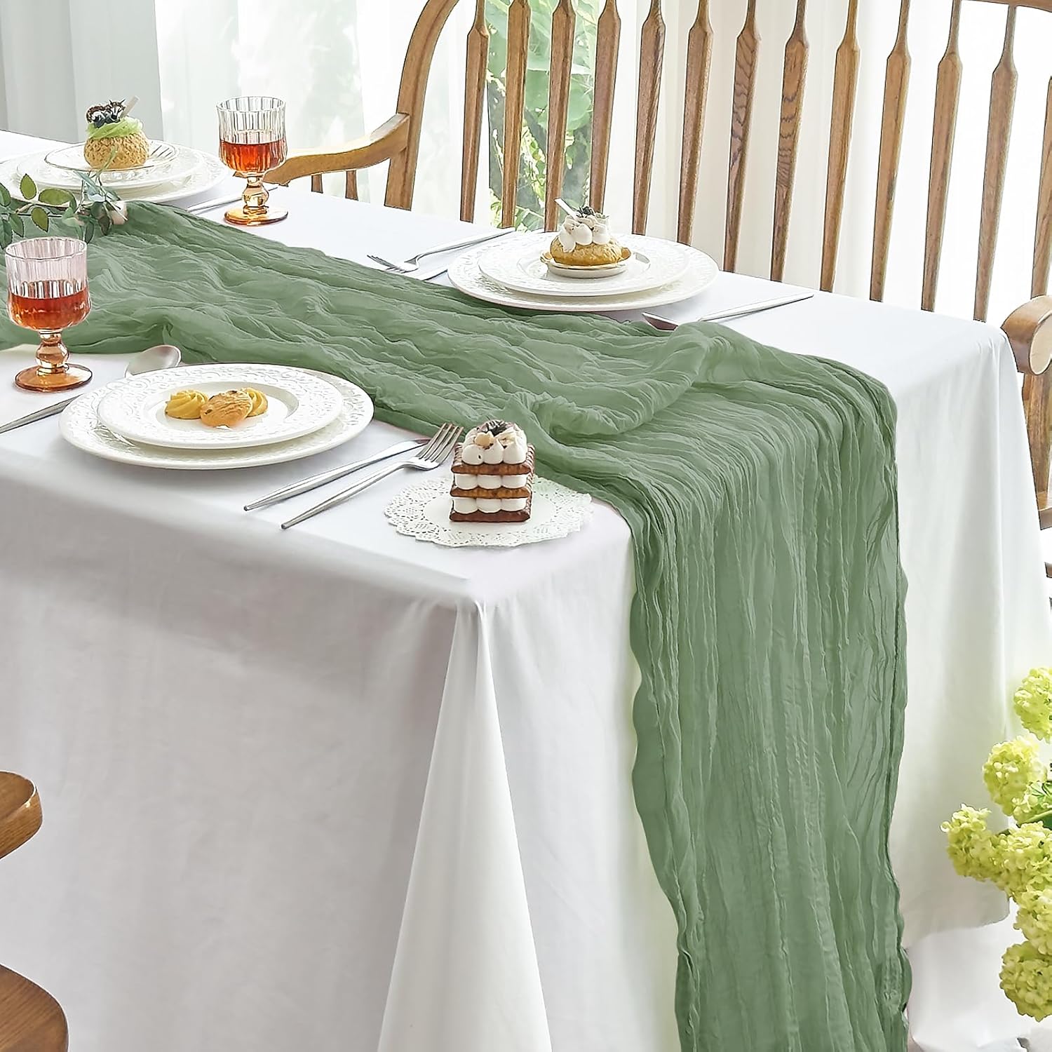 IVAPUPU 6 Pcs Cheesecloth Table Runner - 10ft Sage Green Boho Gauze Cheese Cloth Table Runners for Baby Shower Decoration Wedding Party Summer Garden Farmhouse Sage Green 10FT*6PC