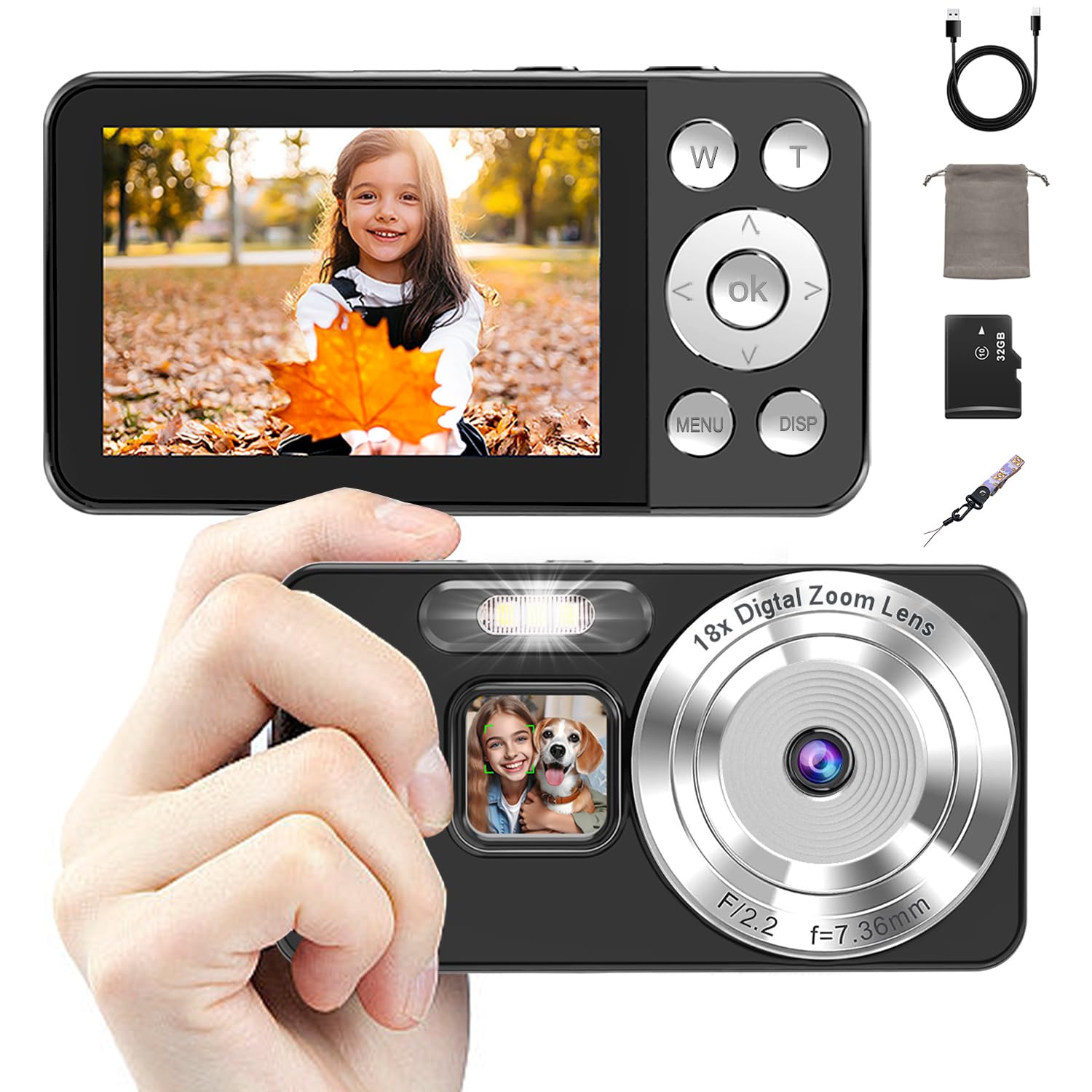 Cámara Digital 4K, 64MP Autofocus, Zoom Digital 18X, Pantalla de 2,8", Cámara Compacta con Modo Time-Lapse y Grabación en Bucle, Webcam, Tarjeta SD 32GB Incluida, Ideal para Principiantes y Adultos