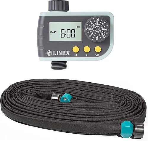 LINEX Manguera de remojo plana de jardín de 12 pulgadas x 75 pies, manguera de goteo resistente para ahorrar agua y temporizador de agua LINEX,