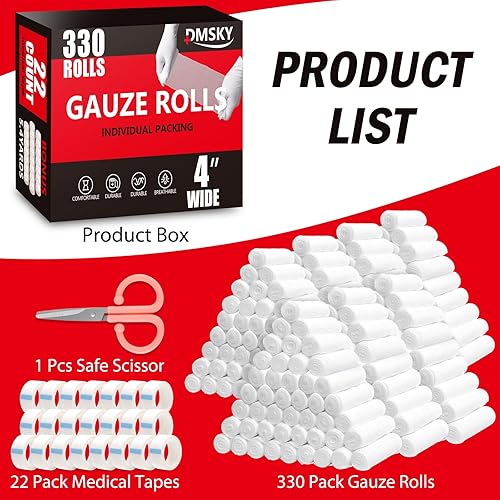 Miniatura 2 de DMSKY Paquete de 330 Rollos de Gasa, 4 pulgadas x 4.1 Yardas, Gasa Enrollada Transpirable Envuelta Individualmente, Vendaje Premium de Gasa