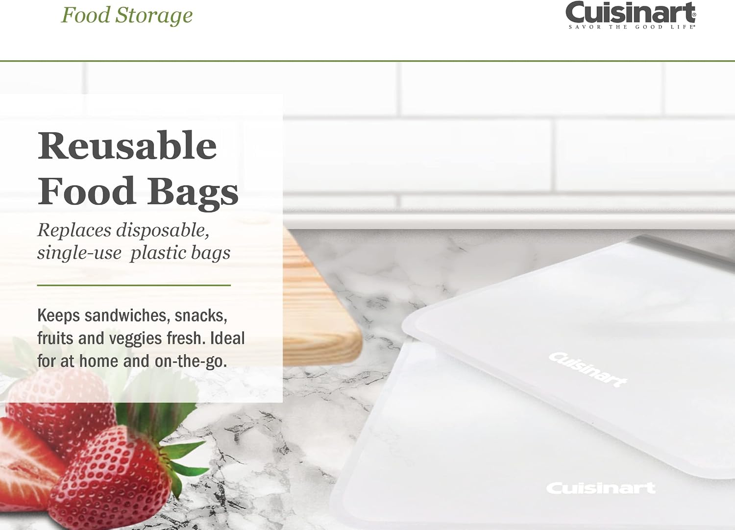 Cuisinart Reusable Food Storage Bags, 12 Pack Gray - Resealable Bags for Food, Leftovers, & Snacks to Store, Freeze or Refrigerate - BPA Free Flat Freezer Bags - Includes Small, Medium & Large image 2