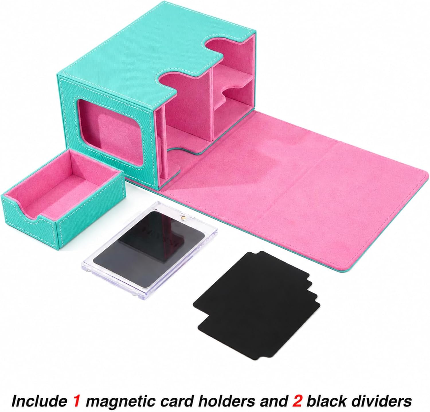 Venssu MTG Deck Box for Commander Display with Dice Tray, Deck Case Fits 160 Double Sleeved /200 Single Sleeved trading Cards, Storage Box TCG with 2 Dividers and 1 Magnetic Card Holder (Teal & Pink)