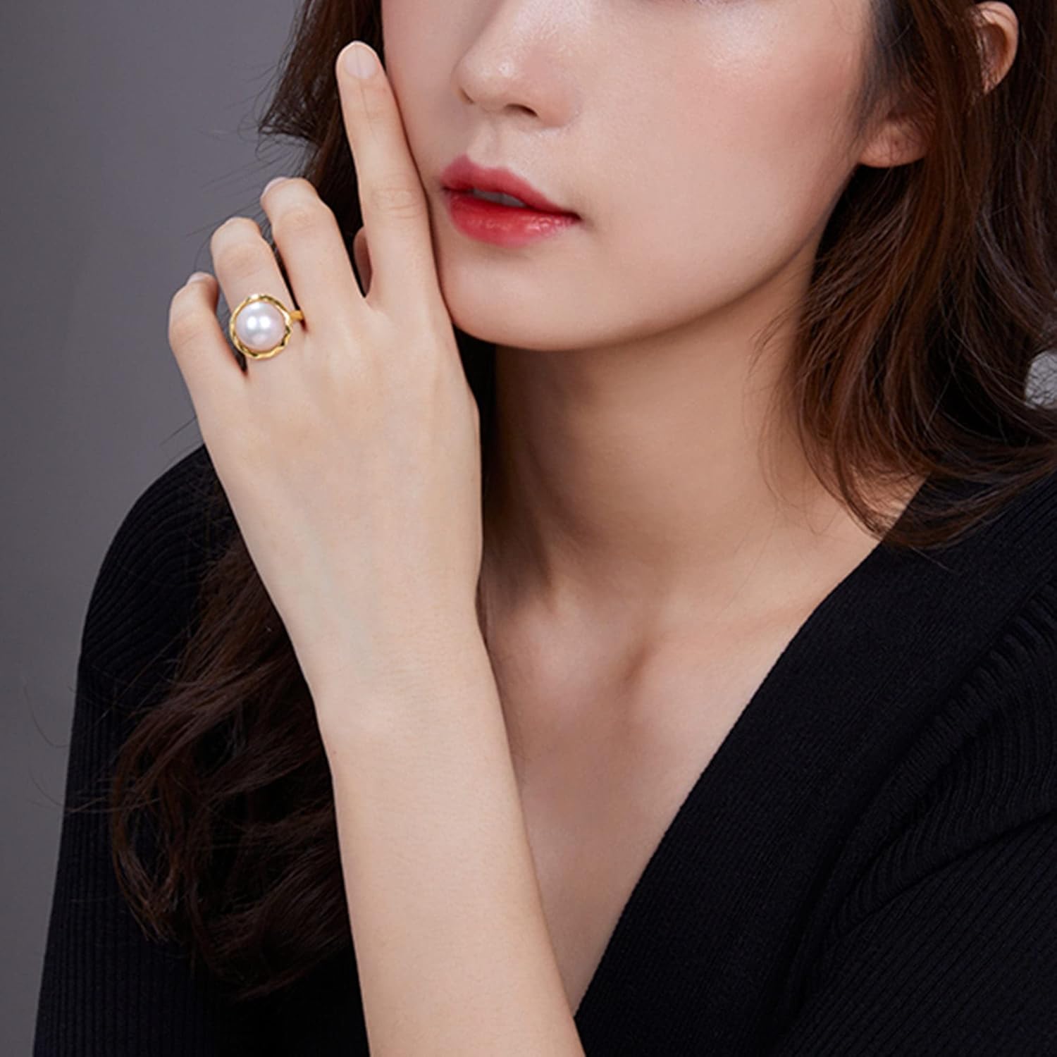 RVLA 18k Gold Plated S925 Sterling Silver 13-14mm Cultured White Mabe Pearl Adjustable Ring