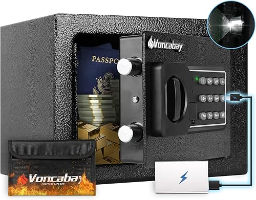 Voncabay Caja fuerte para dinero para el hogar con sensor de luz y función de silencio y caja de seguridad ignífuga para dinero con toma de