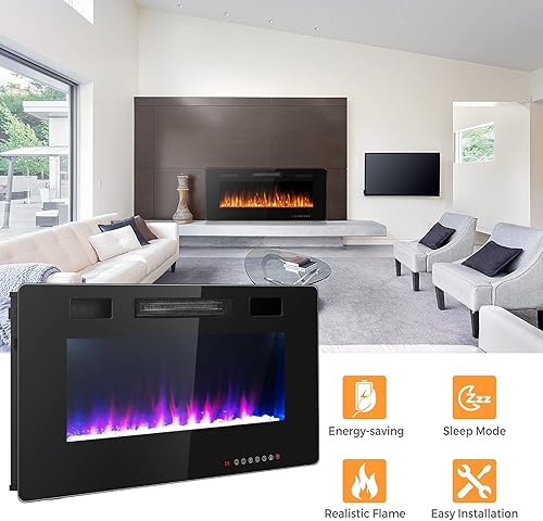 Miniatura 8 de ORALNER Chimenea eléctrica de 42 pulgadas, calentador de chimenea empotrado y montado en la pared con 12 efectos de llama, 5 brillo, control remoto