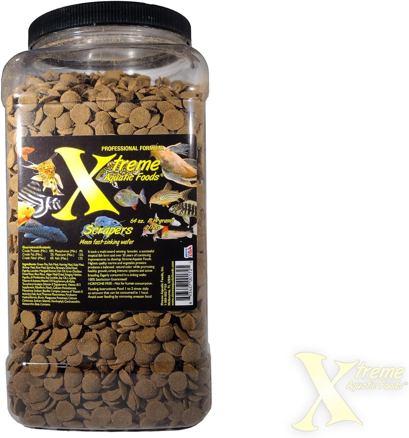 Xtreme Scrapers Wafers - Premium 14mm Fast-Sinking Fish Food – Nutrient & Cellulose Rich Ideal for Nocturnal Feeders, Catfish, Plecostomus Species, and Loaches – USA Farm Grown (64oz)