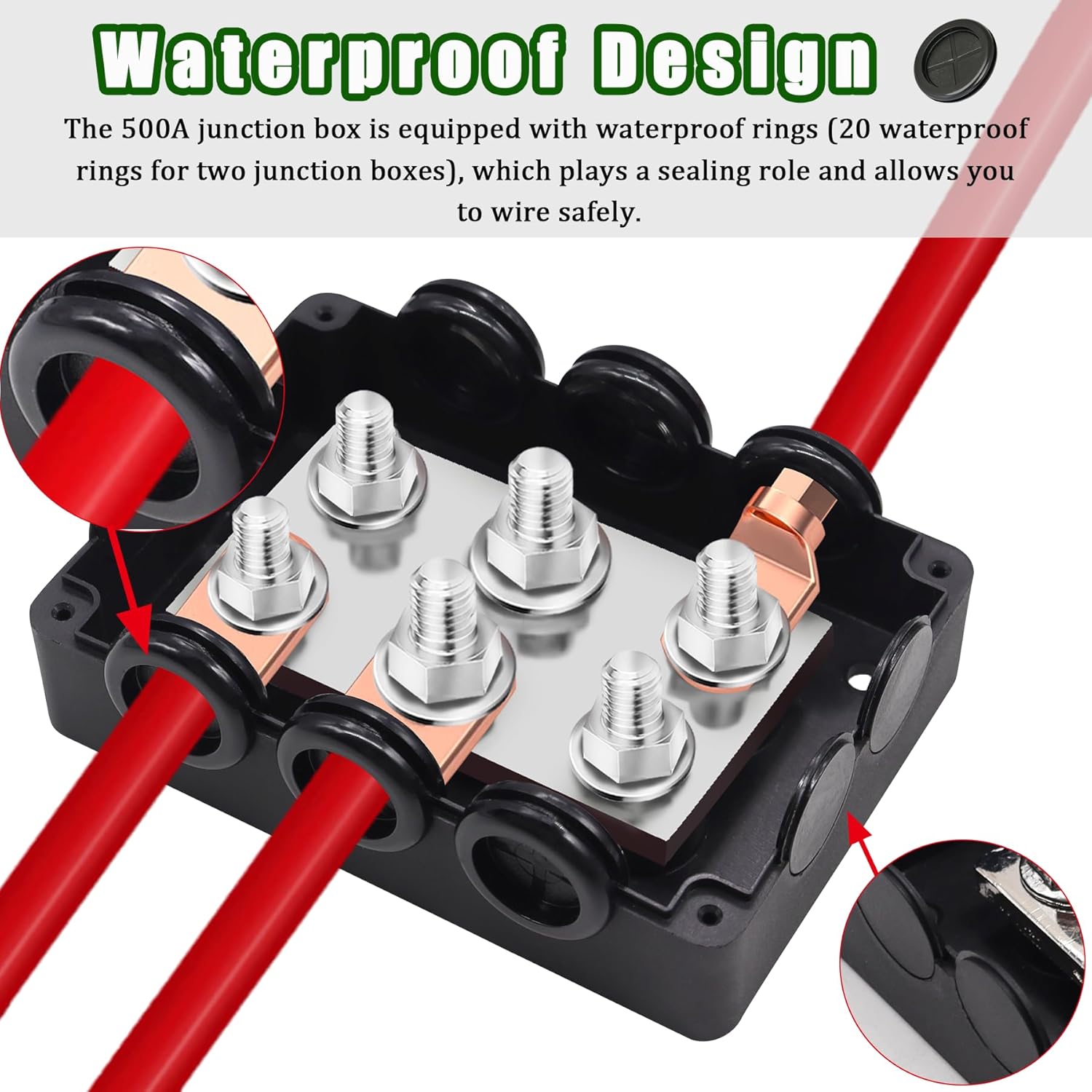 500A Bus Bar 48V DC Automotive Marine Battery Terminal Distribution Block 4 * 5/16"(M8)+2 * 3/8"(M10) Studs Waterproof Power Distribution Block for Car RV Automotive Boat