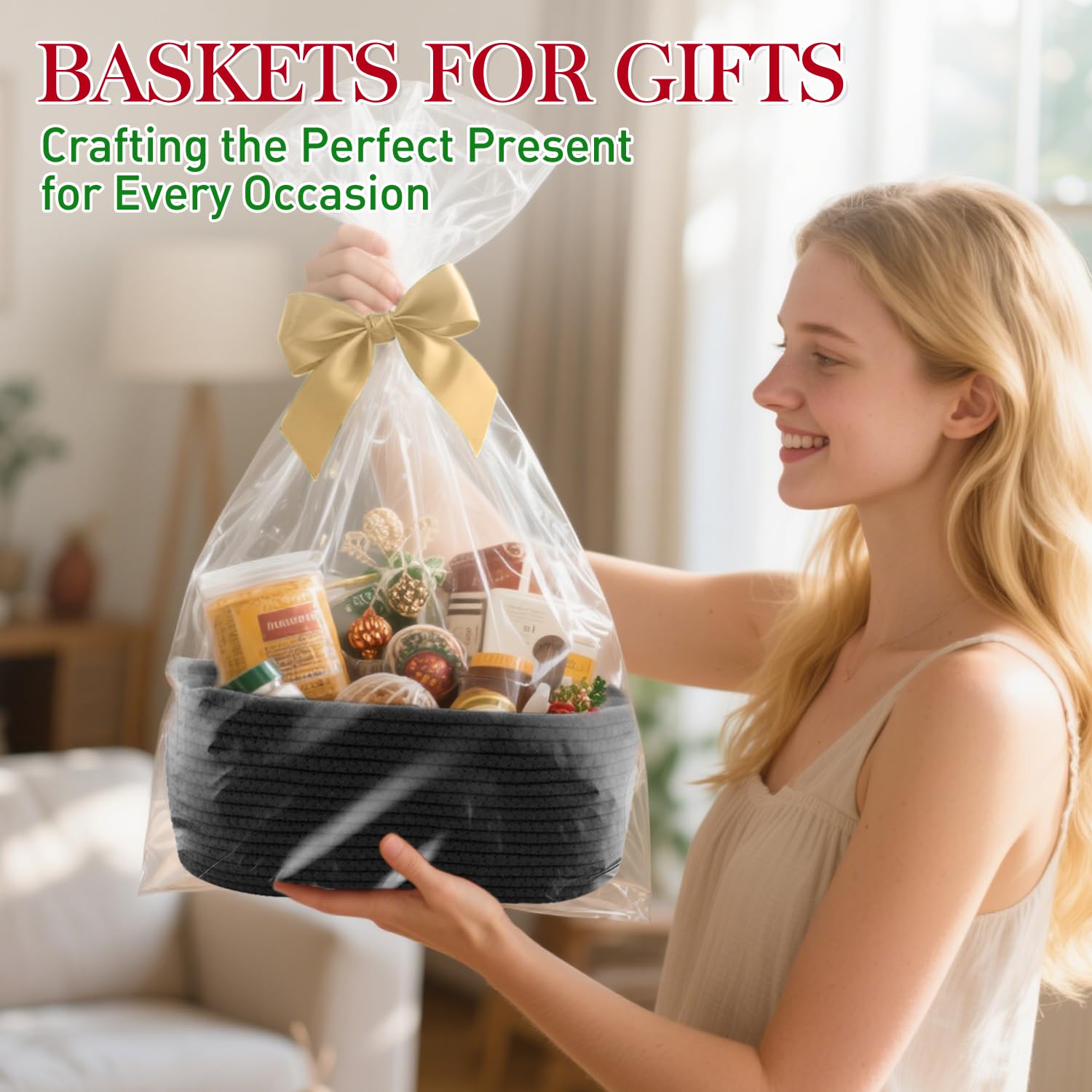 Woven Basket with Gift Bags and Ribbons, 14"X 10" X 6" Gift Storage Organizer Bin Shelf Shelves Cotton Rope Basket for Nursery, Pet Toys (Black)