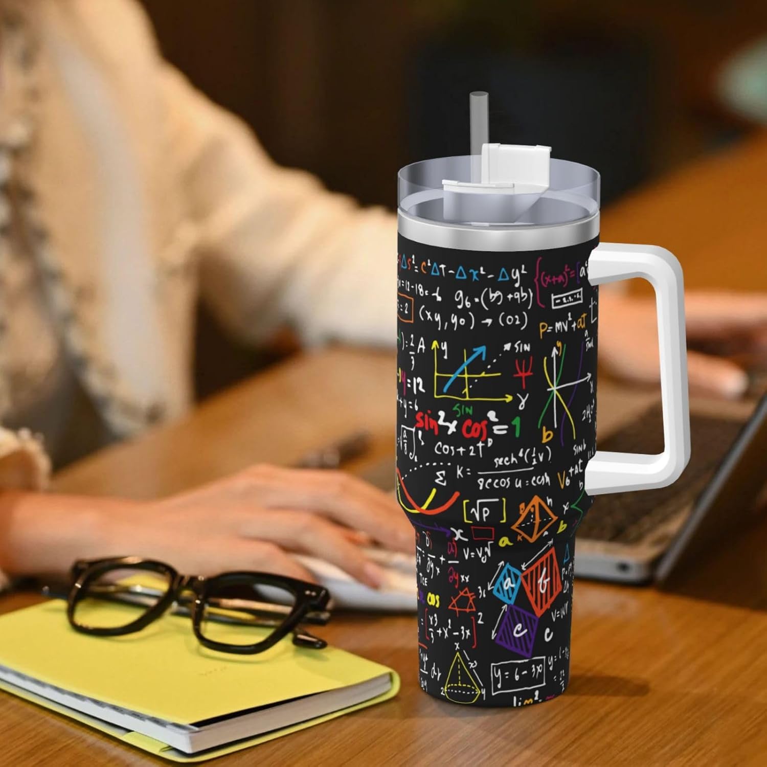 40 OZ Math Formula Print Ice Bully Cup with Handle Straw Lid Straw,Stainless Steel Tumbler Coffee Cup