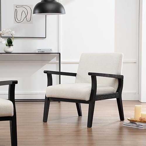 Miniatura 2 de Silla decorativa moderna de mediados de siglo, sillón tapizado de lino con marco de madera negra, silla de granja, silla de esquina interior para