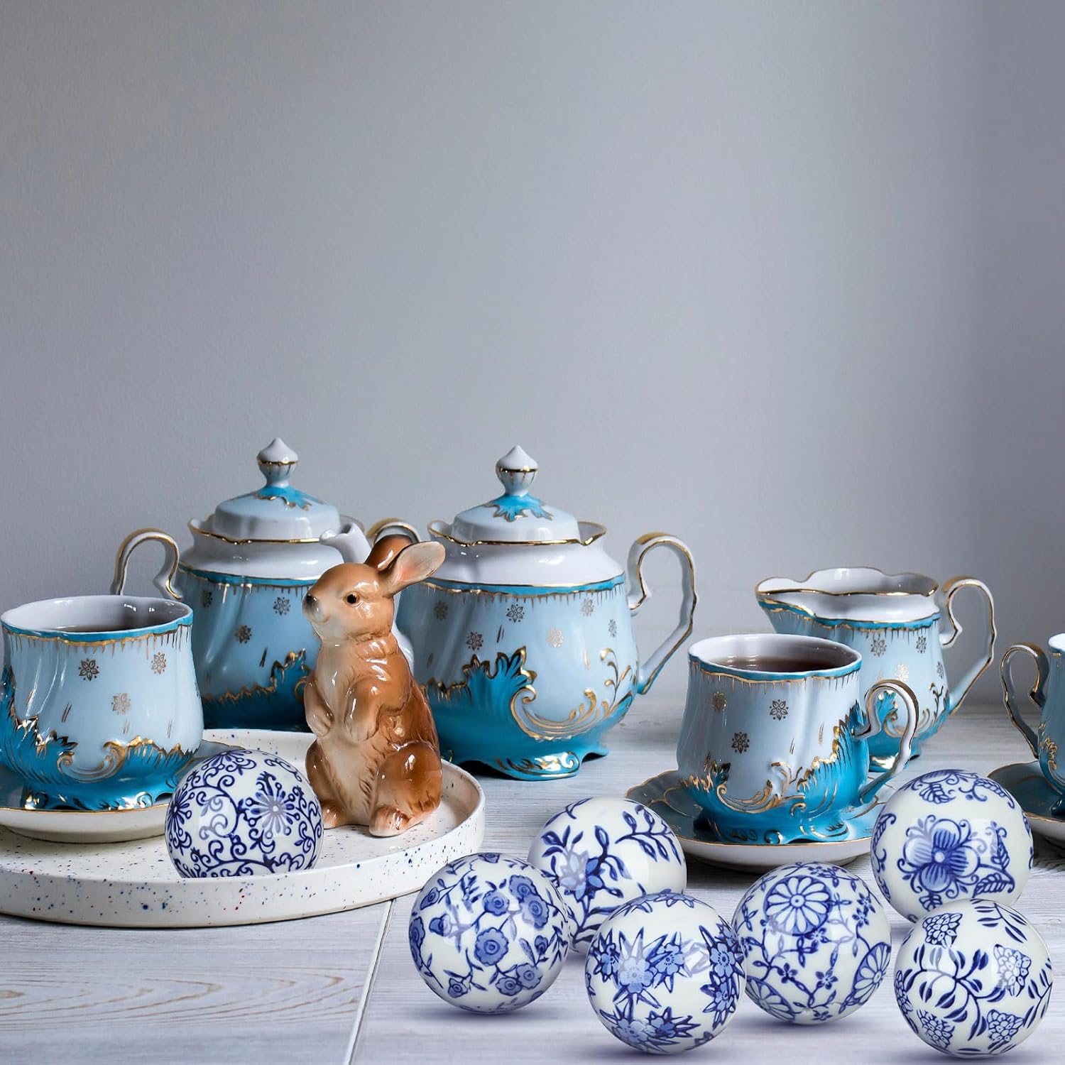 Vesici 9 Pcs Blue and White Porcelain Balls Decorative Chinoiserie Orbs for Centerpiece Bowls China Ceramic Balls Farmhouse Basket Tray Vases Decoration Gifts for Dining Table Holiday(Leaf Style)
