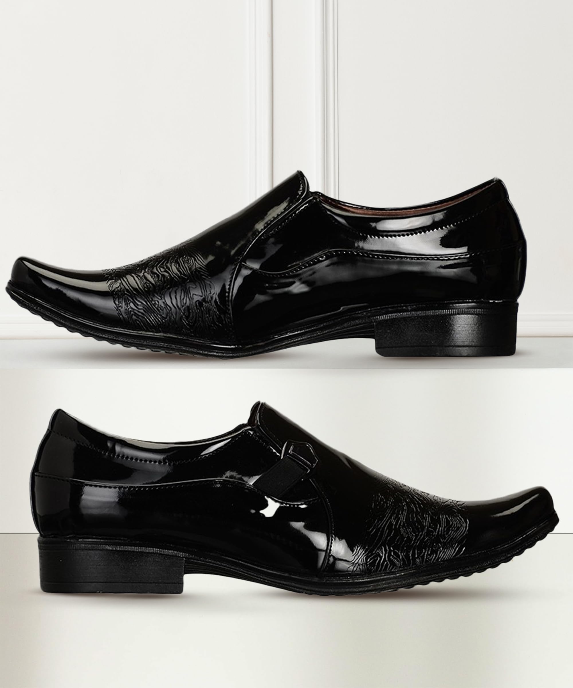 Premium Class Designer Brogues Jet Black Slip-On Patent Leatherette Party Formal Shoes-image-5