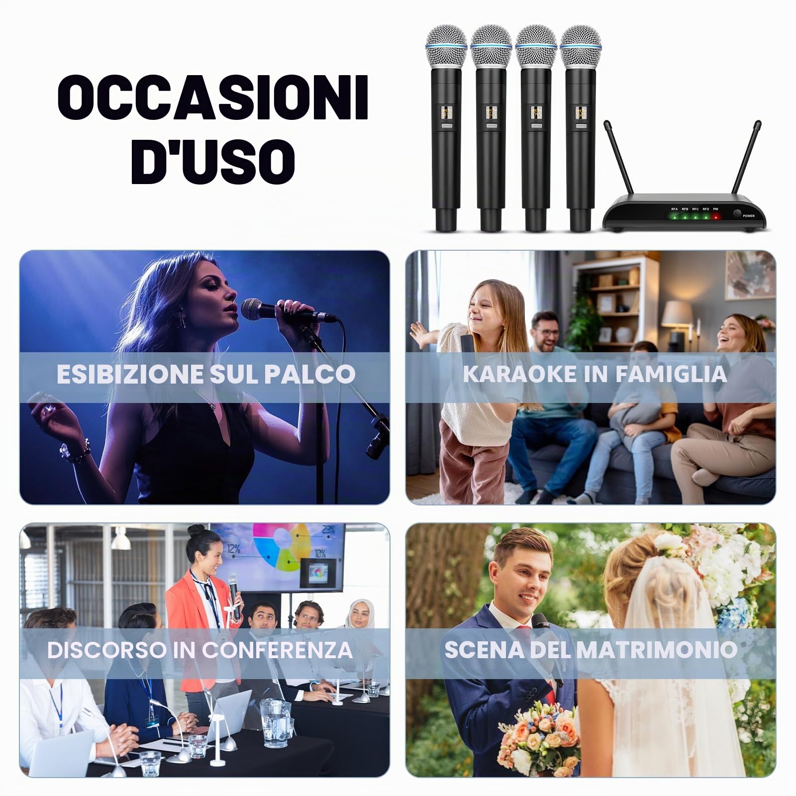 Microfoni wireless per karaoke Depusheng R4-Pro, sistema professionale a 4 canali con microfono palmare, microfono dinamico in metallo per karaoke, chiesa, karaoke a casa, riunioni, feste
