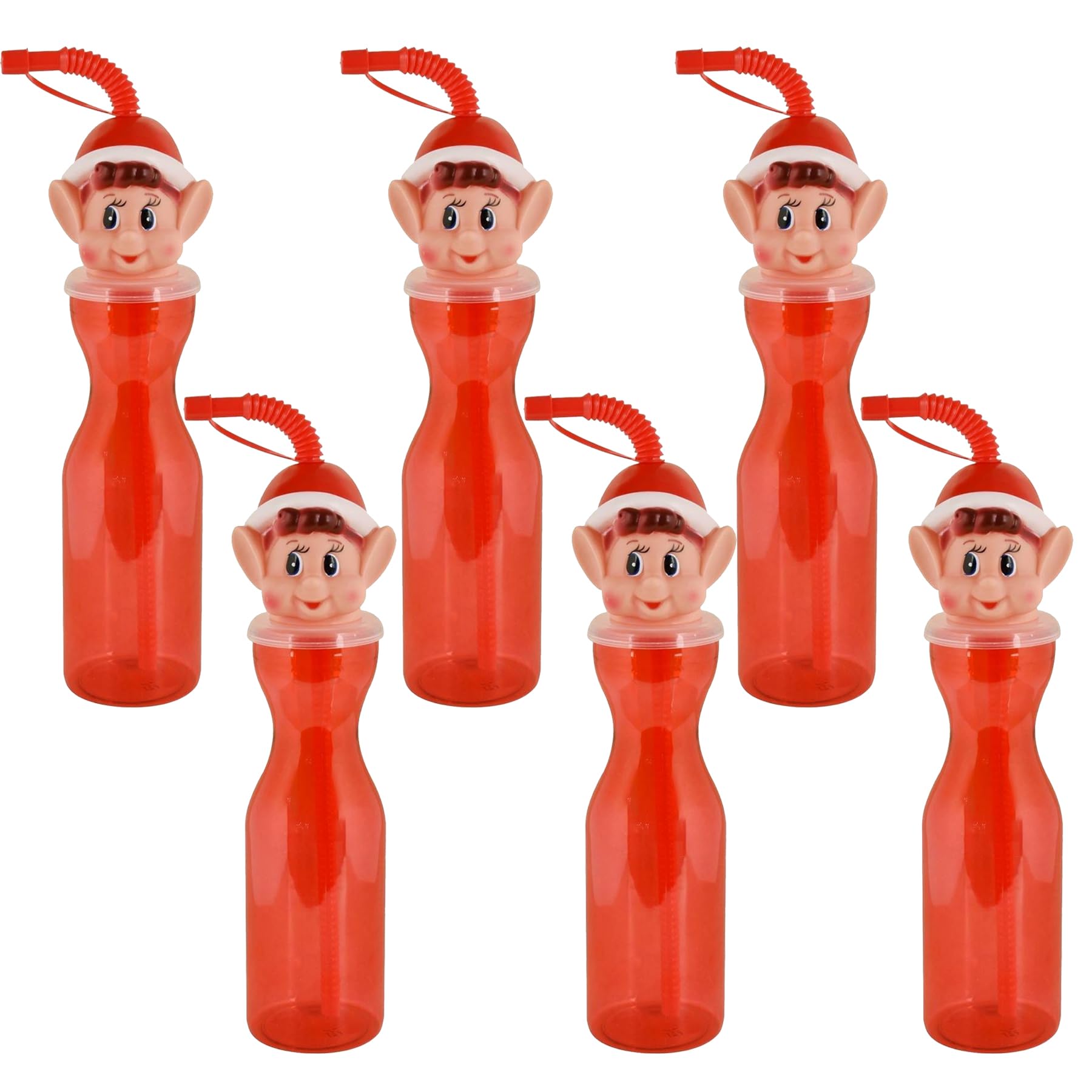 Widdle Gifts Red Set Of 6 Christmas Drinking Bottle Childrens Elf Head Design With Re-Useable Flexi Straw Novelty Stocking Filler